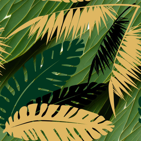 Green leaves tropical seamless pattern. Tropical plants bright vector background. Hand drawn palm leaves, branches, leaves ornaments. Repeat leafy green foliage jungle backdrop. Endless ornate texture.のイラスト素材