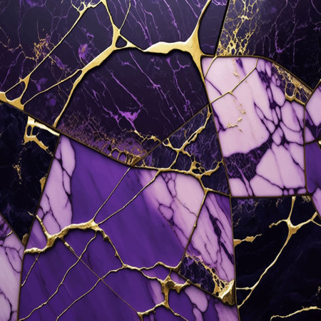 Violet lilac 3d abstract marbled background with golden inlay veins, lines. Marble mosaic, stone texture, granite, jasper. Ornamental modern marble tile. art deco wallpaper. trendy ornate texture.のイラスト素材