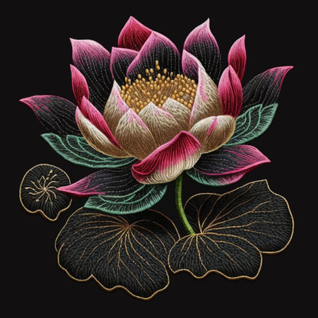 Embroidery colorful lotus flowers, leaves on black background. Tapestry floral decorative vector wallpaper illustration with beautiful stitch textured lotus flowers. Stitching lines surface texture.のイラスト素材