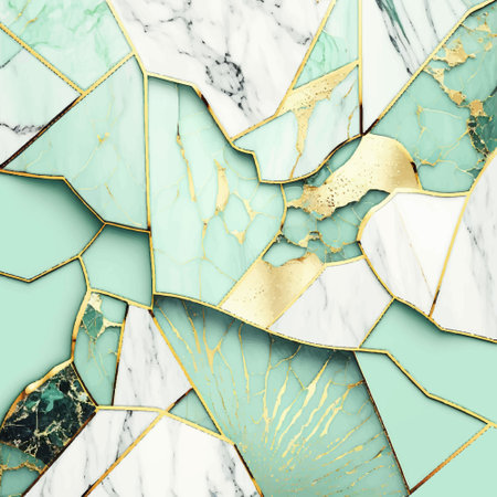 Light green malachite marble mosaic. 3d abstract marbled background, malachite brocken stone texture, granite, jasper. Ornamental marble tile with golden veins. art deco wallpaper. modern texture.のイラスト素材
