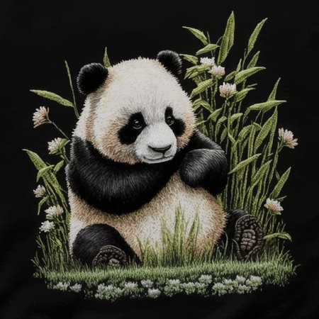 Textured tapestry a little sad panda sitting on green grass. Embroidery cute panda background illustration. Decorative embroidered stitch textured design. For craft, home decor, print, applique.のイラスト素材
