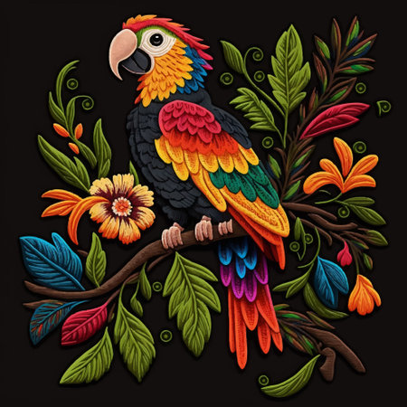 Tapestry textured bright parrot on the branch. Floral embroidery pattern background illustration. Stitch lines embroidered colorful texture. decorative ornate beautiful surface design.のイラスト素材