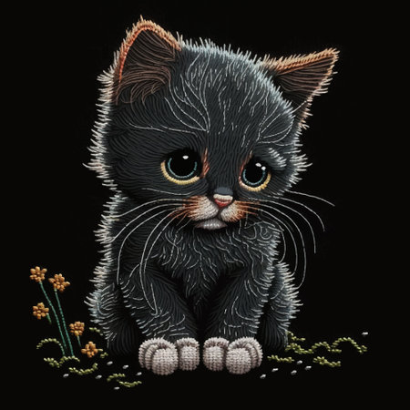 Textured tapestry sad kitten with blue eyes. Embroidery beautiful little cat for applique, decoupage, design. Embroidered satin stitch cute kitten. Ornate stotching texture with embroidering effect.のイラスト素材