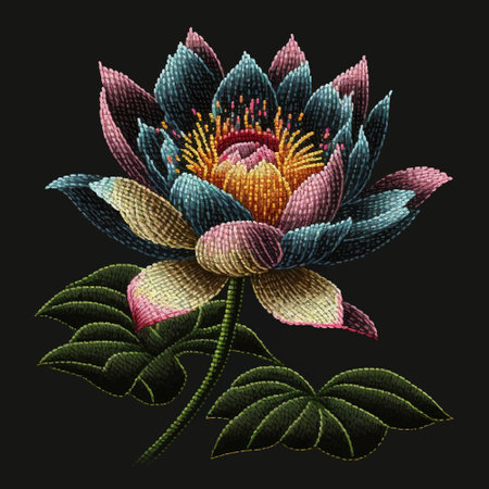 Lotus flower applique, decoupage. Tapestry textured beautiful lotus flower pattern background illustration. Decorative colorful embroidery blossom water flower with leaves. Stitching texture. Vector.のイラスト素材
