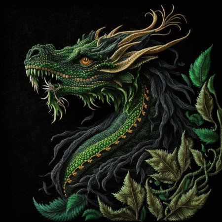 Tapestry textured green fierce dragon with sharp teeth. Embroidery colorful dragon pattern. Floral leafy background illustration. Surface embroidered texture. Chinese symbol. Ornate decorative design.のイラスト素材