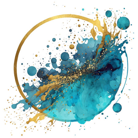 Watercolor modern colorful pattern composition with gold frame, border, glitter, place for text. Trendy luxury decorative abstract design. Blue watercolor stain. Isolated vector texture.のイラスト素材