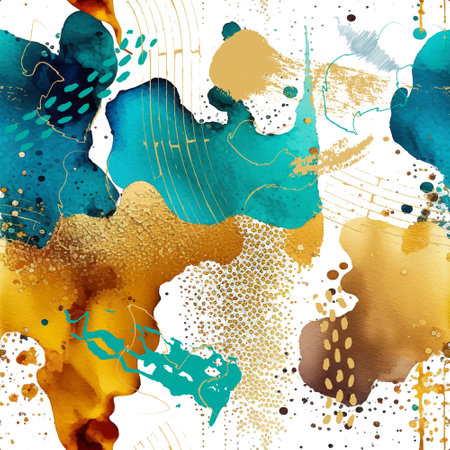 Colorful watercolor blots stains brush srokes and gold glitters seamless pattern. Hand drawn dirty bright watercolor splashes. Vibrant modern liquid abstract ornaments. Modern beautiful repeat design.のイラスト素材