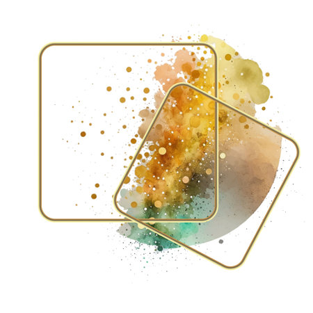 Colorful watercolor splash blot splatter stain with gold glitters and gold frames. Green yellow watercolor background. Abstract trendy textured hand drawn vector illustration. isolated on white.のイラスト素材