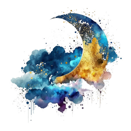 Watercolor blue clouds moon sky and gold glitter. Beautiful modern hand drawn watercolor paint. trendy vector illustration. Colorful abstract dirty pattern with splatters, splashes on white backgroundのイラスト素材