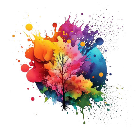 tree of life. Bright colorful watercolor stain splash splatter brush stroke on white background. Modern vibrant aquarelle spot. Modern isolated design on white. Element. Vector watercolor illustrationのイラスト素材