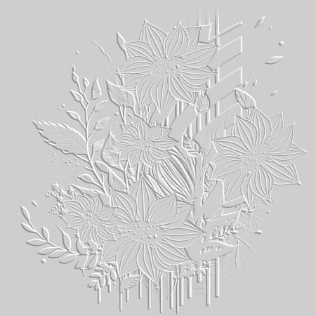 Textured white 3d bouquet of flowers abstract pattern. Emboss grunge striped surface background. Relief vector backdrop. Embossed plants, flowers, leaves, stripes, lines ornament. Grungy texture.のイラスト素材