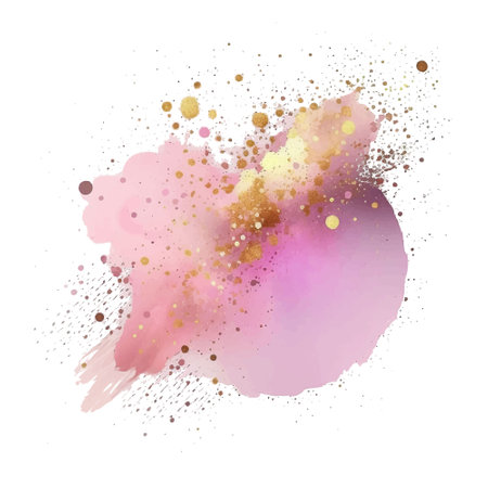 Pink watercolor splash blot splatter stain with gold glitters. Rose pink elegance watercolor brush stroke. Beautiful trendy textured hand drawn vector illustration. For design. isolated on white.のイラスト素材