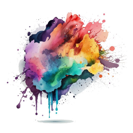 Bright colorful watercolor splash splatter stain brush strokes on white background. Modern vibrant aquarelle spot. Rainbow trendy isolated design on white. Element. Vector watercolor illustration.のイラスト素材