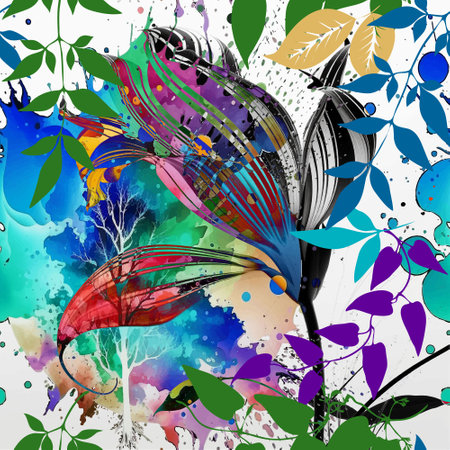 Floral bright watercolor seamless pattern. Modern watercolor background with splashes, splatters, blossom flowers, leaves, branches. Vector textured artistic repeat backdrop. Drawing trendy ornaments.のイラスト素材