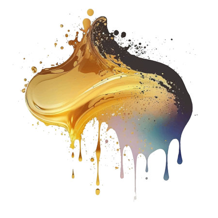 Gold Liquid dripping acrylic watercolor oil splash splatter stain on white background. Modern vibrant flowing spot. Flowing drops isolated design on white. Element. Vector watercolor illustration.のイラスト素材