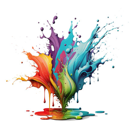 Bright colorful liquid acrylic watercolor splash splatter stain on white background. Modern vibrant flowing spot. Rainbow trendy isolated design on white. Element. Vector watercolor illustration.のイラスト素材