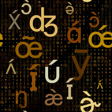 Gold letters transcription seamless pattern. Matrix style modern abc background. Repeat halftone lettering backdrop. Digital trendy letters abstract ornaments. Abc symbols and signs. Letter texture.のイラスト素材