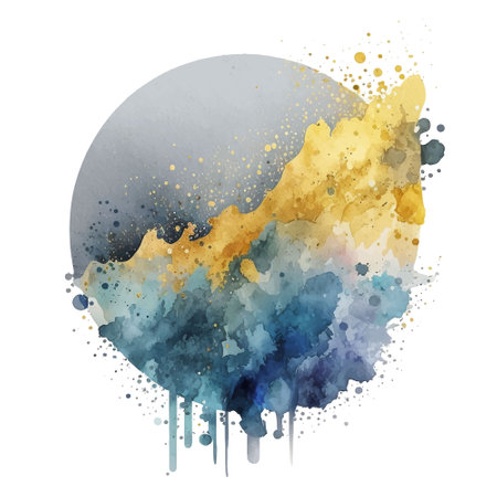 Watercolor splash blot splatter stain. round pattern. Gold glitters. Colorful watercolor brush stroke, circle. Abstract moon clouds. Textured hand drawn vector illustration. Isolated design on white.のイラスト素材