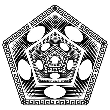 Black and white pentagon pattern. Geometric abstract greek style mandala pattern. Greek key meanders frames, borders. Geometrical shapes, lines, oval, stripes. Isolated design on white background.のイラスト素材