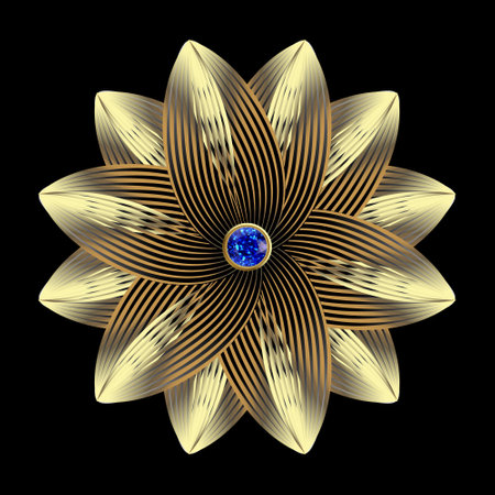 fractal flower. mandala. Gold round 3d fractal pattern. Floral jewelry mandala with blue sapphire gemstone. Beautiful vector lines ornaments. Ornate modern textured golden design on black background.のイラスト素材