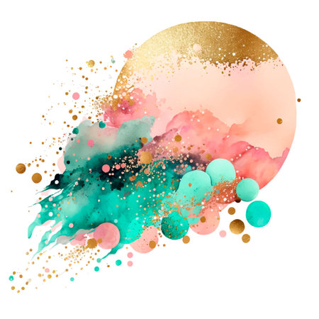 Watercolor splash blot splatter stain. round pattern. Gold glitters. Colorful watercolor brush stroke, circle. abstract moon clouds. Textured hand drawn vector illustration. Isolated design on white.のイラスト素材