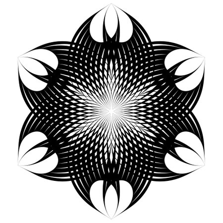 fractal flower. mandala. Black and white round lines fractal pattern. Floral mandala. Beautiful vector lines ornaments. Abstract modern isolated line art striped fractal design on black background.のイラスト素材