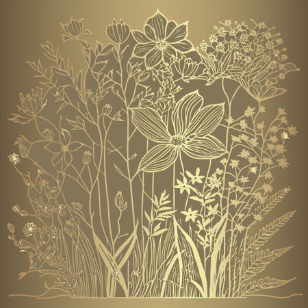Gold lines wildflowers pattern on golden background. Floral line art gold ornaments with doodle hand drawn flowers, branches, leaves, grasses. Beautiful ornate luxury design. Vector flowery backdrop.のイラスト素材