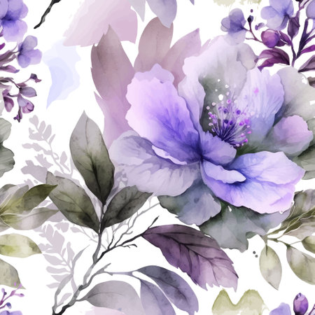 Watercolor elegance flowers seamless pattern. Dirty watercolor background. Hand drawn paint violet blossom flowers, leaves, brush strokes. Artistic repeat pattern. Endless grunge texture. isolated.のイラスト素材