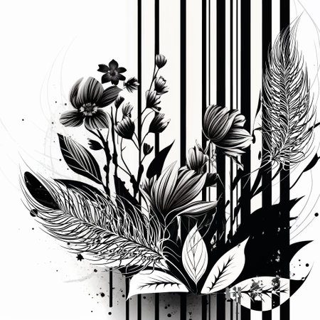 Black and white striped floral vector pattern background illustration. Blossom exotic flowers, leaves, branches, feathers, splatters. vertical stripes. Artistic creative trendy decorative design.のイラスト素材