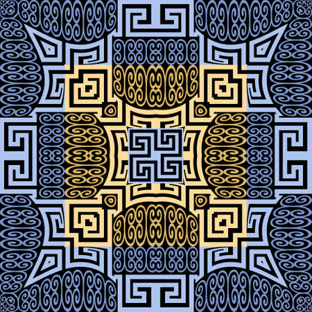 Greek ornamental geometric seamless pattern. Modern patterned vector background. Repeat tribal ethnic style backdrop. Colorful ornament with square frames, shapes, symbols, signs. Greek key, meanders.のイラスト素材