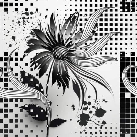 Dirty Black And White Floral Hand Drawn Seamless Pattern Background Illustration With Abstract Line Art Flowers, Leaves. Blossom Flowers, Leaves. Halftone Squares, Geometric Shapes, Splatters, Spots.のイラスト素材