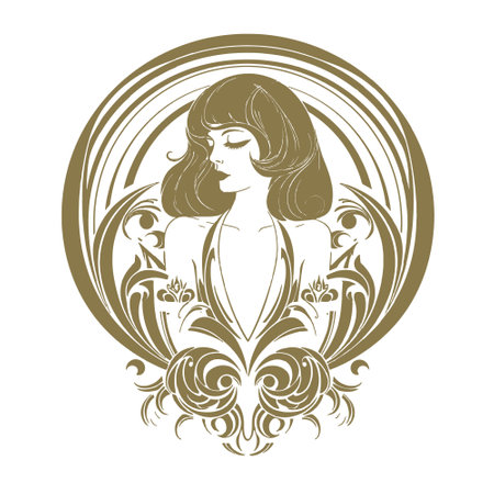 Beautiful woman silhouette surrounded by vintage flowers in art nouveau style. Vector Gold pretty woman silhouette on white background. Old retro antique style isolated decorative luxury design.のイラスト素材