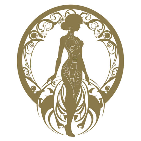 Woman silhouette surrounded by vintage flowers in art nouveau style. Vector Gold beautiful pretty woman silhouette on white background. Old retro antique style isolated decorative luxury design.のイラスト素材