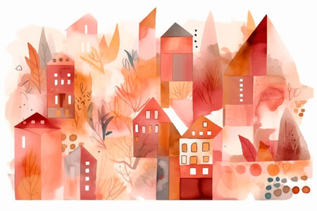 house roof windows pattern. Watercolor modern arrangement abstract vector background. Dirty artistic trendy ornaments. Beautiful doodle hand drawn architecture, building. decorative designs. Artのイラスト素材