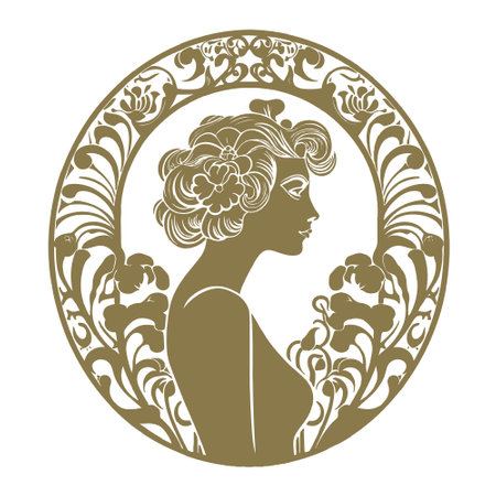 Woman silhouette surrounded by vintage flowers in art nouveau style. face view. Vector Gold beautiful woman silhouette on white background. Old retro nouveau style isolated decorative design.のイラスト素材