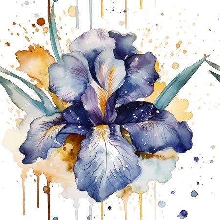 Watercolor beautiful iris flowers seamless pattern. Dirty spotty watercolor vector background. Hand drawn paint flowers, leaves, spots. Modern artistic isolated ornament on white. endless textureのイラスト素材