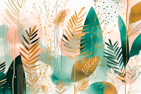 Watercolor abstract botanic tropical pattern with exotic flowers, leaves. Vector dirty background. floral pattern. Fashion trendy abstract arrangements with tropical colorful plants. leaf. spots.のイラスト素材