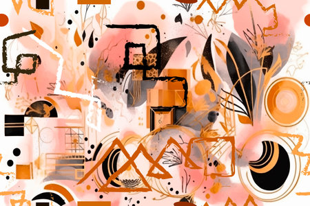 Abstract shapes modern brush strokes, stripes, tribal symbols and signs colorful seamless pattern....