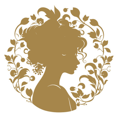 Woman silhouette surrounded by vintage flowers in art nouveau style. face view. Vector Gold beautiful woman silhouette on white background. Old retro nouveau style isolated decorative design.のイラスト素材