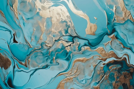 Luxury acrylic fluid art 3d vector background. Liquid marbled textured pattern ornament with surface wavy lines, gold glitters. Modern decorative ornate trendy design in blue gold colors.のイラスト素材