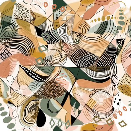 Doodle lines and abstract shapes modern seamless pattern. Tribal ethnic style doodles ornaments. Paint hand drawn watercolor dirty vector background. Trendy ornate arrangement design. Endless texture.のイラスト素材
