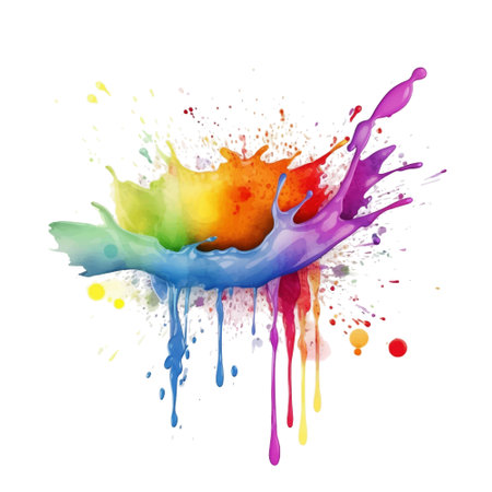 Flowing colorful watercolor fluid blot splash splatter stain brush strokes liquid on white background. Aquarelle spot. Rainbow colors isolated design on white. Element. Vector watercolor illustration.のイラスト素材