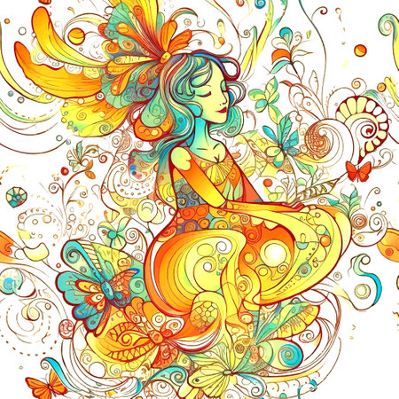 Colorful ethnic style lovely little fairy lines seamless pattern. Beautiful floral vector background with line art doodle flowers, leaves, butterflies. Fantasy repeat bright backdrop. endless design.のイラスト素材