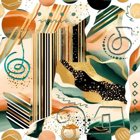Striped modern abstract shapes, circles, tribal symbols, spots, doodles colorful seamless pattern. Paint hand drawn watercolor dirty vector background. Trendy arrangement design. Endless texture.のイラスト素材