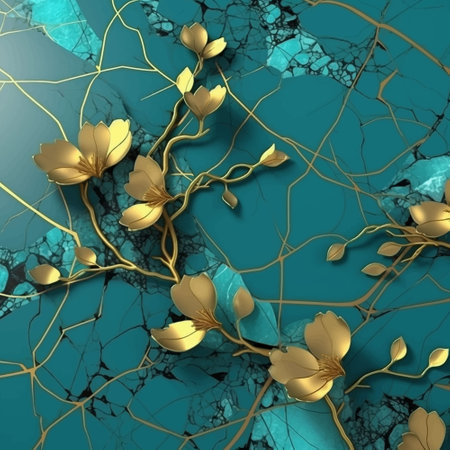 Sakura branch. 3d Japanese style floral marble textured seamless blue pattern. Art Deco modern painted vector background. Gold 3d flowers, leaves. Luxury trendy inlaid ornaments witch gold sakura.のイラスト素材