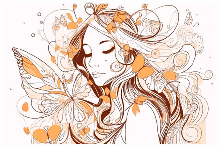 Line art beautiful lovely fairy fantasy pattern with flowers, leaves, butterflies. Doodle lines hand drawn magic vector background. romantic backdrop. Lines ornamental young girl lady woman. Element.のイラスト素材