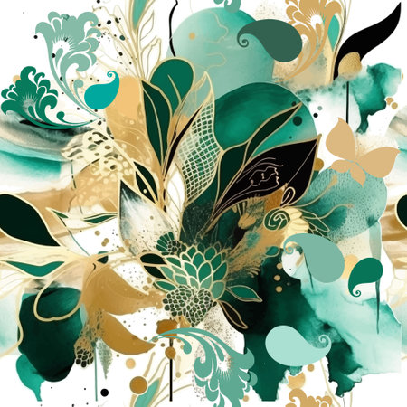 Paisley and Doodle lines watercolor abstract fantasy seamless pattern. Ethnic style doodles floral emerald green gold ornaments. Paint hand drawn dirty vector background. Paisley flower arrangements.のイラスト素材