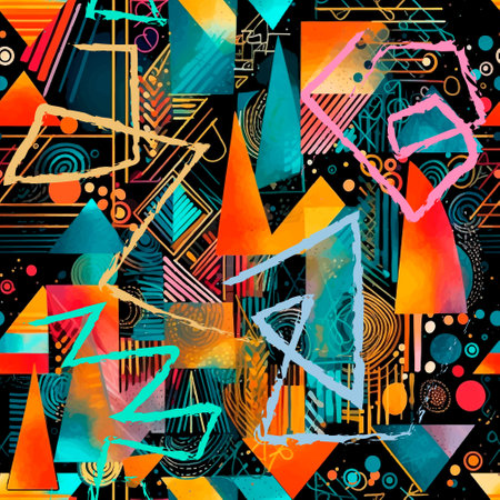 Seamless doodles abstract geometric painted modern seamless pattern. Tribal ethnic hand drawn symbols, signs. Watercolor dirty vector background. Drawing doodles, spirals, circles, triangles, squares.のイラスト素材