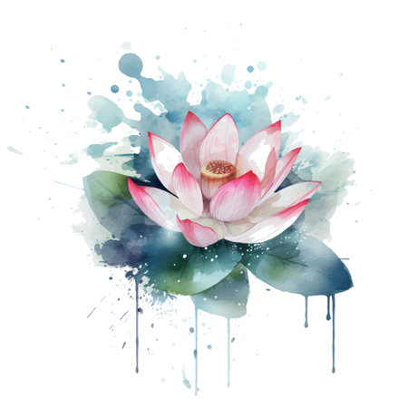 Watercolor beautiful lotus flower pattern. Dirty watercolor background with splashes, spots, splatters. Hand drawn painted blossom lotus flower, leaves. Modern artistic decoration. grunge texture. elementのイラスト素材