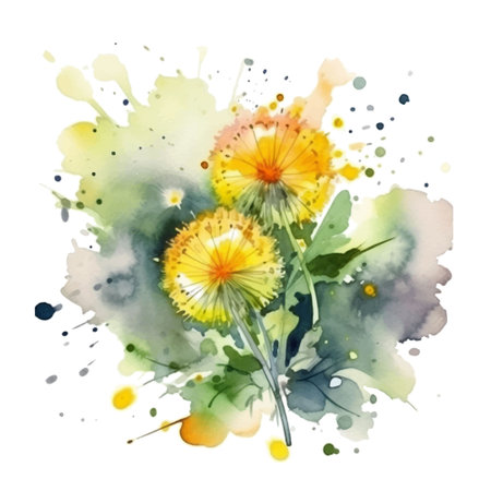 Dandelions. Watercolor beautiful dandelion flowers pattern. Dirty watercolor background with splashes, spots, splatters. Hand drawn painted blossom dandelion flowers, leaves. Artistic decoration. Element.のイラスト素材